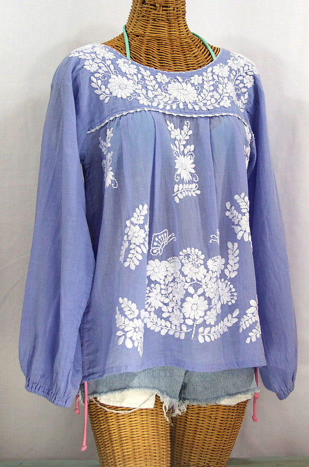 "La Mariposa Larga" Embroidered Mexican Style Peasant Top - Periwinkle + White