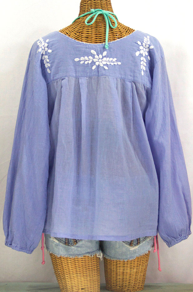 "La Mariposa Larga" Embroidered Mexican Style Peasant Top - Periwinkle + White