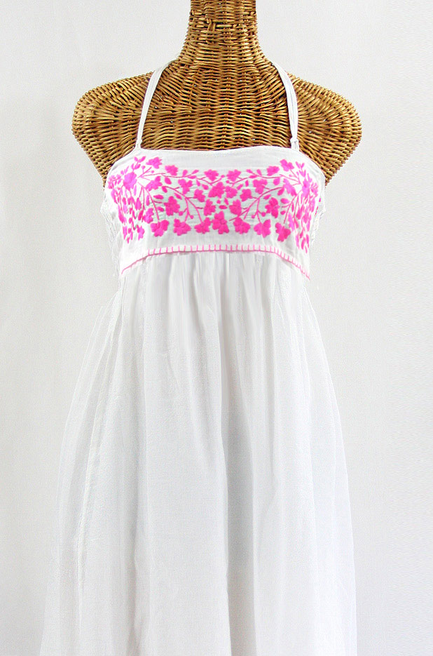"La Mallorca" Embroidered Maxi Dress with Lining - White + Neon Pink
