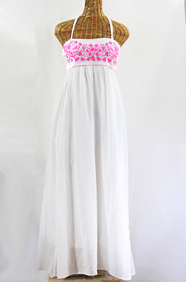 "La Mallorca" Embroidered Maxi Dress with Lining - White + Neon Pink