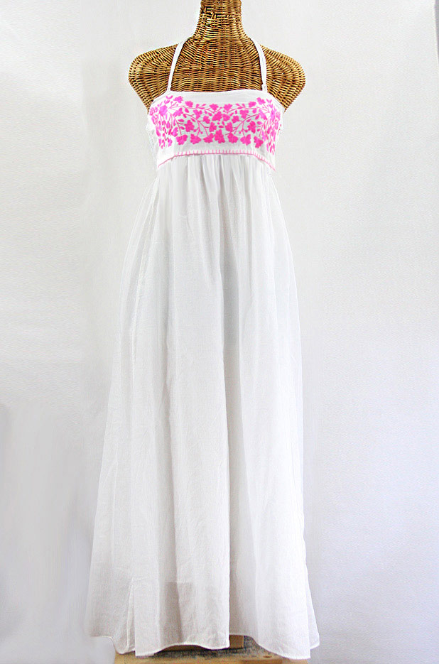 "La Mallorca" Embroidered Maxi Dress with Lining - White + Neon Pink