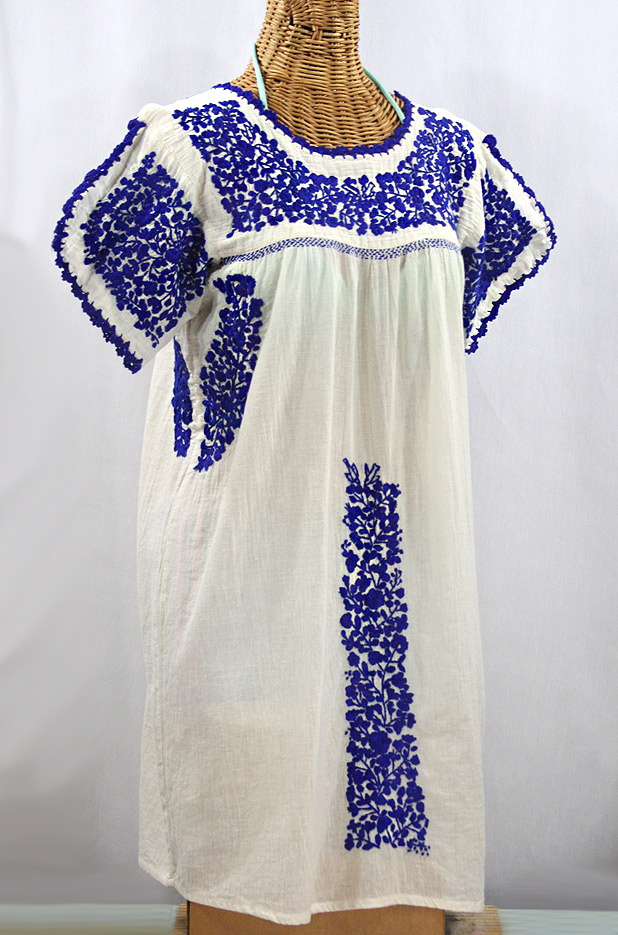 FINAL SALE -- "La Caracola" Embroidered Mexican Dress - Off White + Blue