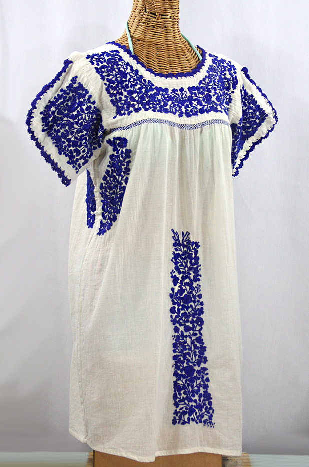 "La Caracola" Embroidered Mexican Dress - Off White + Blue