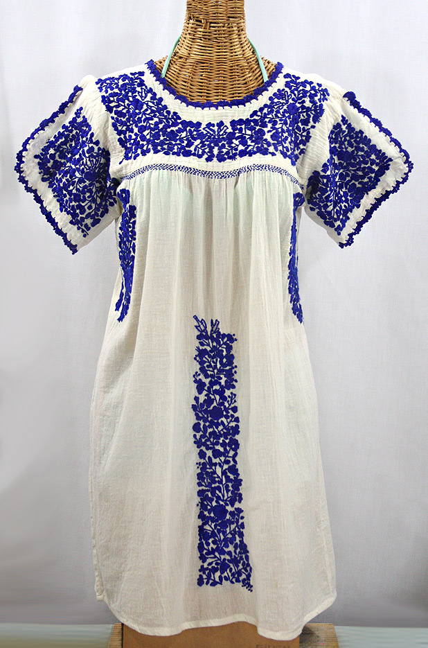 "La Caracola" Embroidered Mexican Dress - Off White + Blue