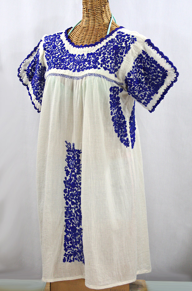 "La Caracola" Embroidered Mexican Dress - Off White + Blue