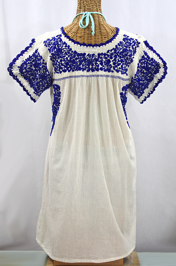 "La Caracola" Embroidered Mexican Dress - Off White + Blue