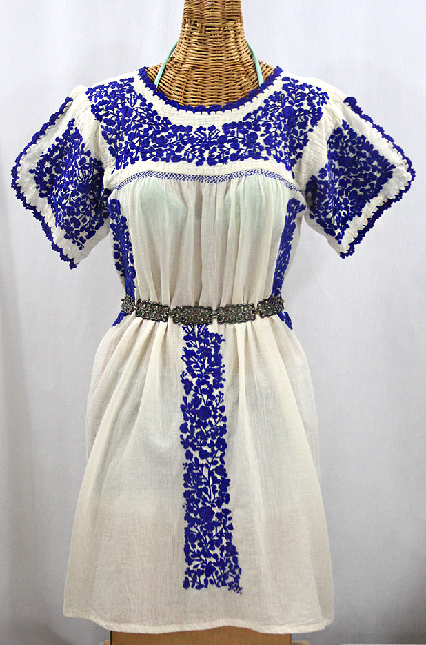"La Caracola" Embroidered Mexican Dress - Off White + Blue