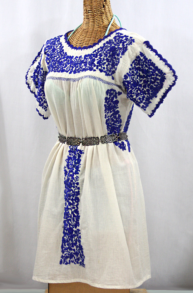 FINAL SALE -- "La Caracola" Embroidered Mexican Dress - Off White + Blue