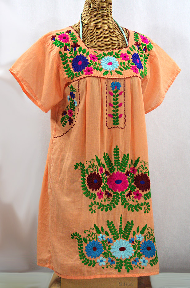 "La Poblana" Open Sleeve Embroidered Mexican Dress - Orange Cream + Multi