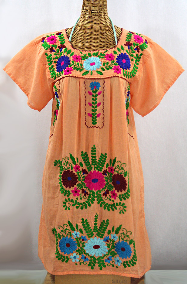 "La Poblana" Open Sleeve Embroidered Mexican Dress - Orange Cream + Multi