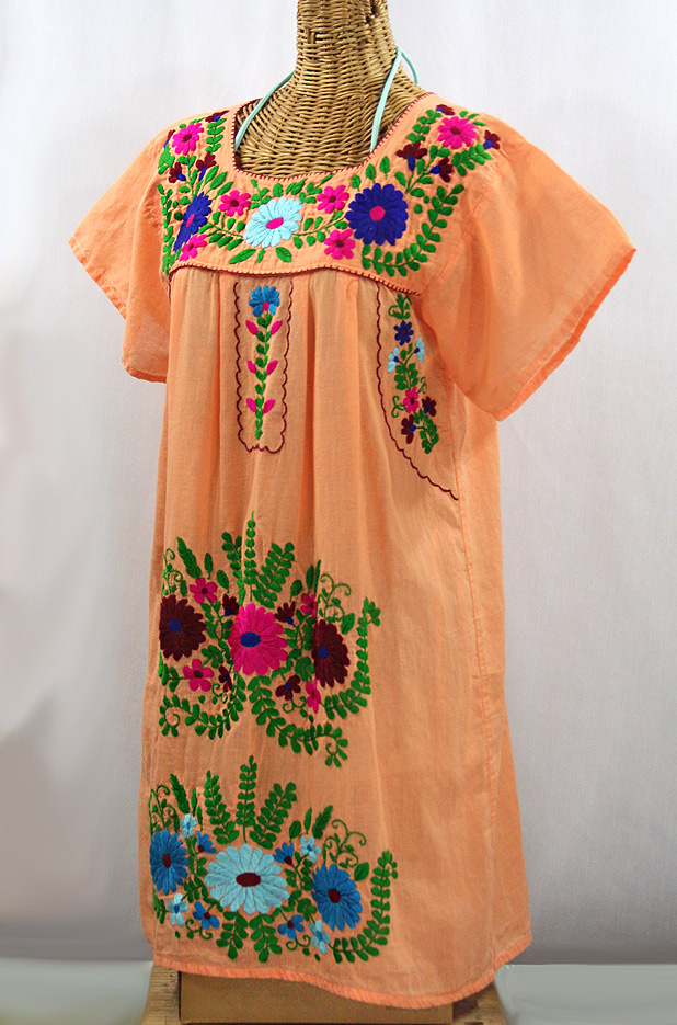 FINAL SALE -- "La Poblana" Open Sleeve Embroidered Mexican Dress - Orange Cream + Multi