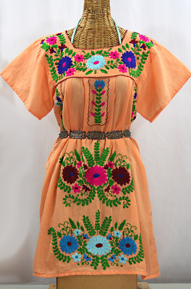 FINAL SALE -- "La Poblana" Open Sleeve Embroidered Mexican Dress - Orange Cream + Multi