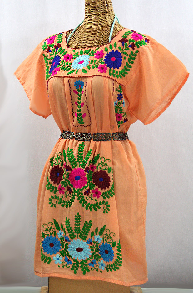 "La Poblana" Open Sleeve Embroidered Mexican Dress - Orange Cream + Multi