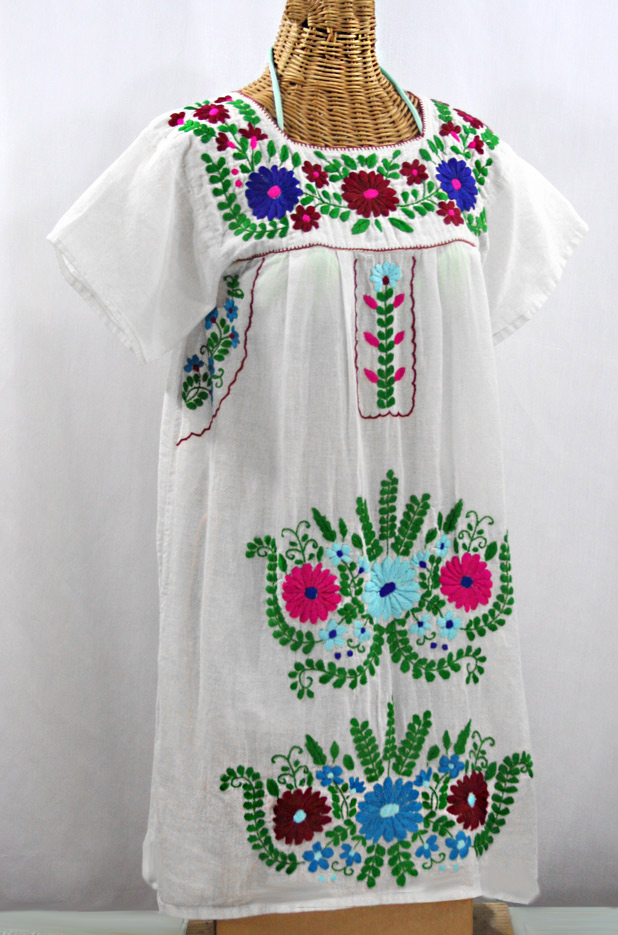 La Poblana Open Sleeve Embroidered Mexican Dress White Multi