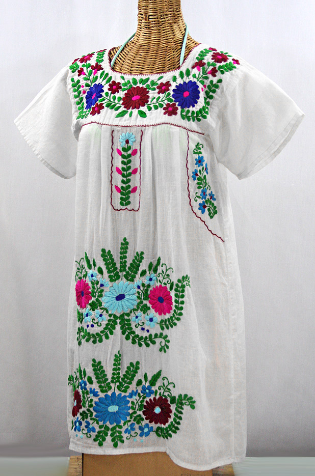 "La Poblana" Open Sleeve Embroidered Mexican Dress - White + Multi