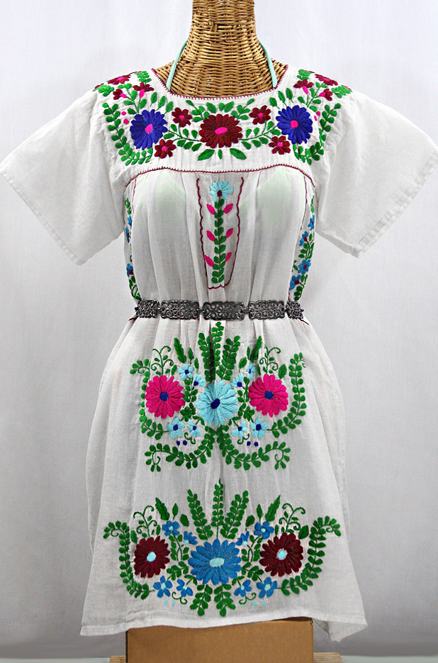 "La Poblana" Open Sleeve Embroidered Mexican Dress - White + Multi