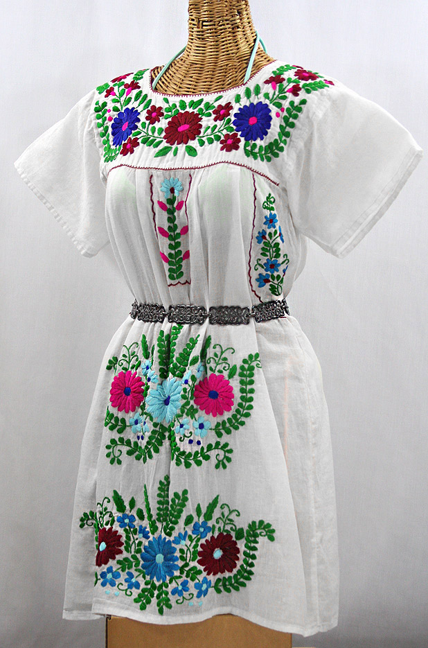 "La Poblana" Open Sleeve Embroidered Mexican Dress - White + Multi