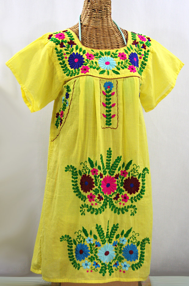 "La Poblana" Open Sleeve Embroidered Mexican Dress - Yellow + Multi