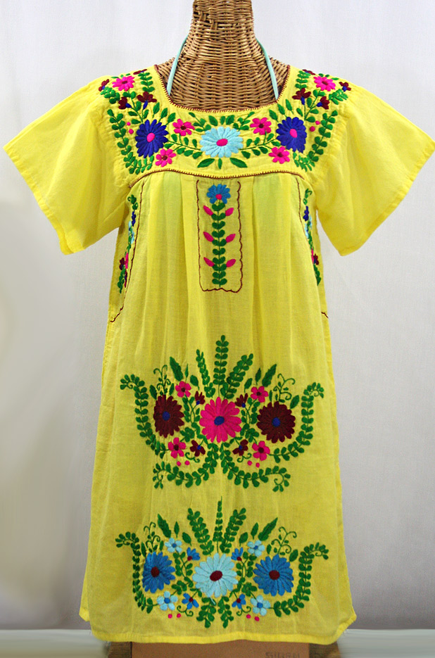 "La Poblana" Open Sleeve Embroidered Mexican Dress - Yellow + Multi