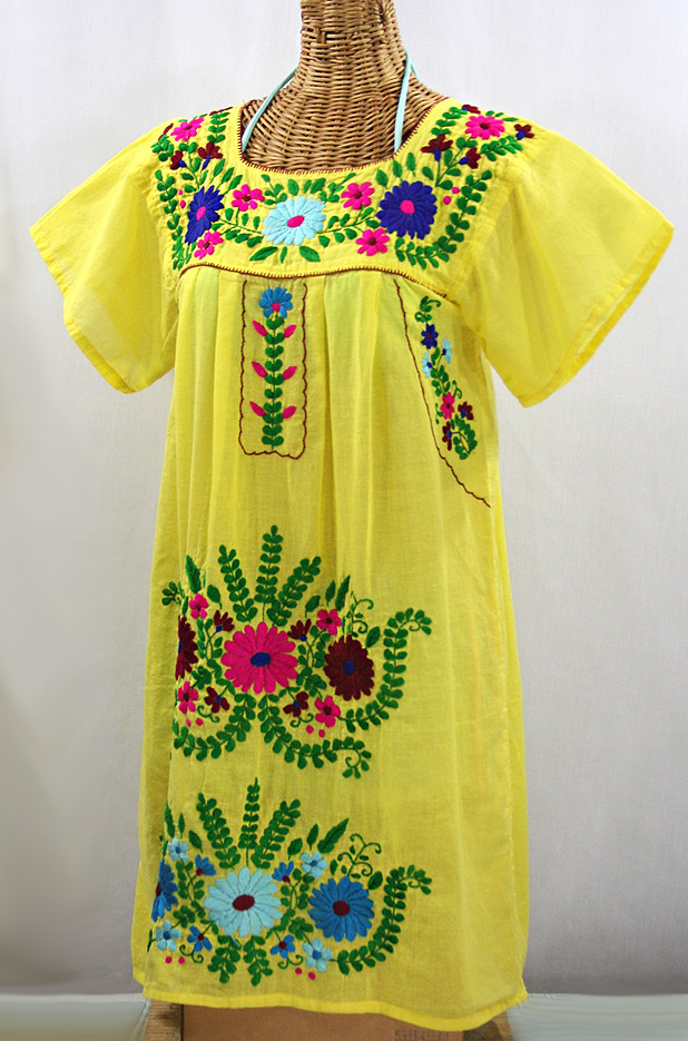 "La Poblana" Open Sleeve Embroidered Mexican Dress - Yellow + Multi