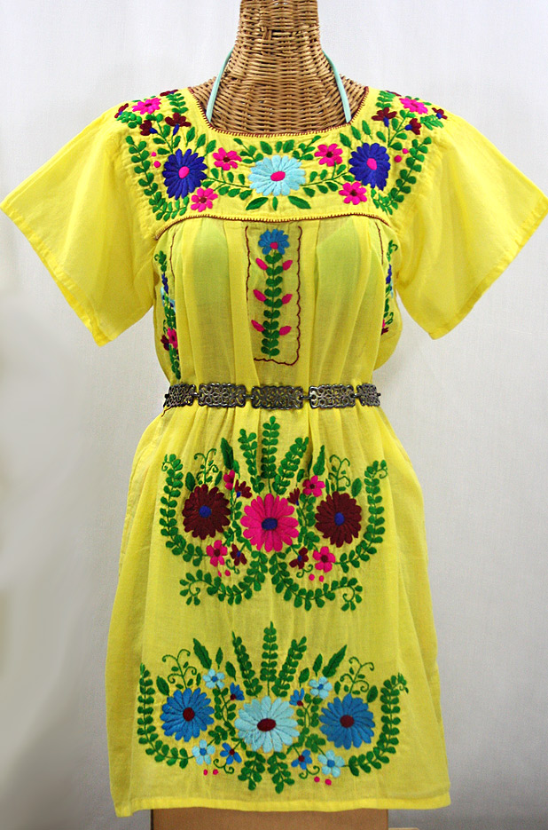 "La Poblana" Open Sleeve Embroidered Mexican Dress - Yellow + Multi