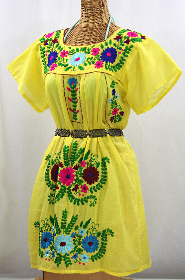 FINAL SALE -- "La Poblana" Open Sleeve Embroidered Mexican Dress - Yellow + Multi