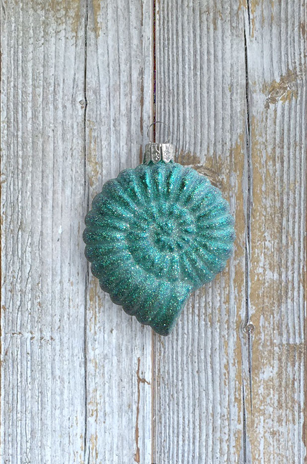 Aqua Glittered Moon Shell Blown Glass Ornament