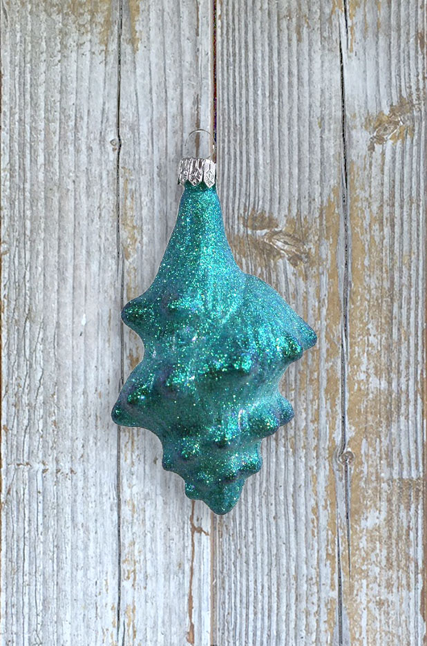 Aqua Glittered Conch Sea Shell Blown Glass Ornament