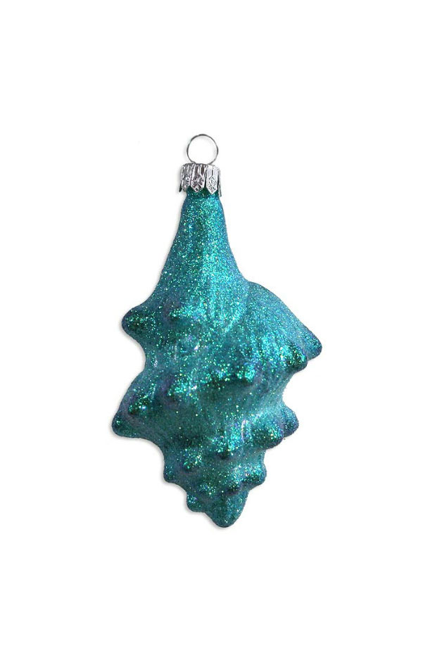 Aqua Glittered Conch Sea Shell Blown Glass Ornament