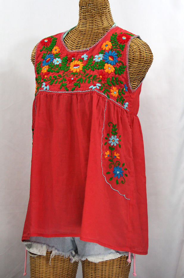 "La Pasea" Embroidered Mexican Style Peasant Top -Coral + Fiesta