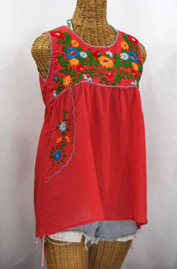 "La Pasea" Embroidered Mexican Style Peasant Top -Coral + Fiesta