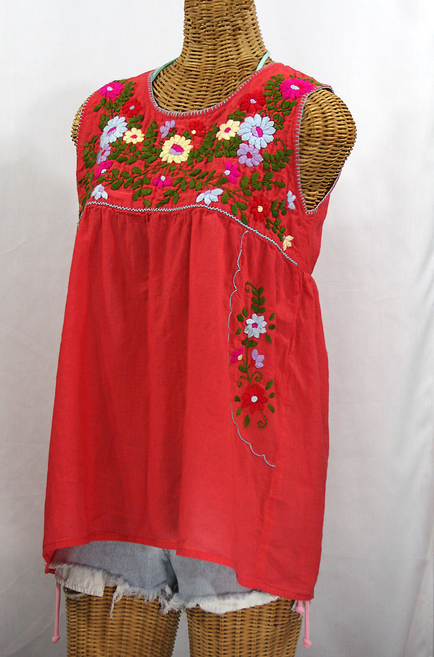 "La Pasea" Embroidered Mexican Style Peasant Top -Coral + Multi
