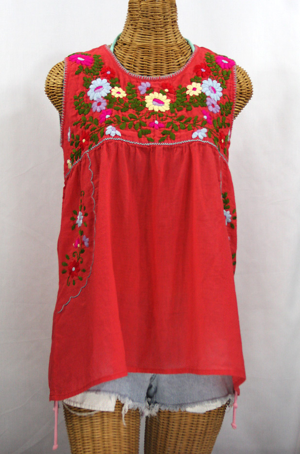 "La Pasea" Embroidered Mexican Style Peasant Top -Coral + Multi