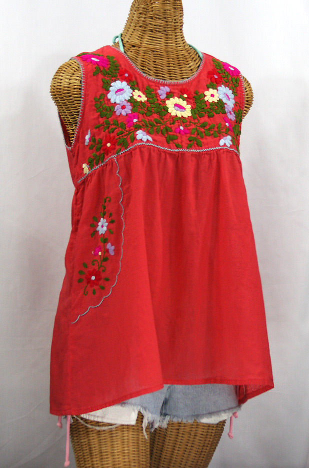 "La Pasea" Embroidered Mexican Style Peasant Top -Coral + Multi