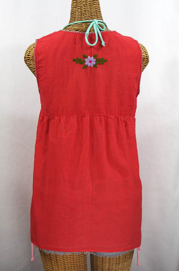 "La Pasea" Embroidered Mexican Style Peasant Top -Coral + Multi