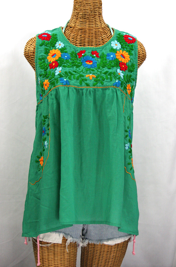 "La Pasea" Embroidered Mexican Style Peasant Top -Green + Fiesta