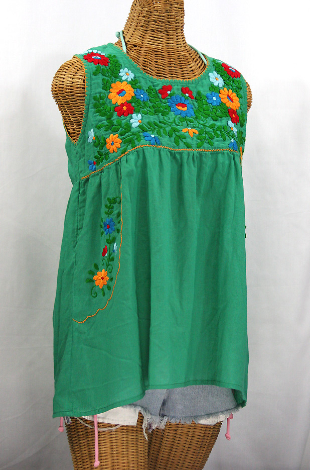"La Pasea" Embroidered Mexican Style Peasant Top -Green + Fiesta