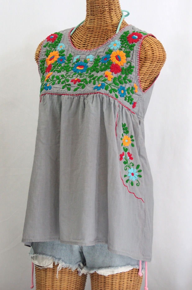 "La Pasea" Embroidered Mexican Style Peasant Top -Grey