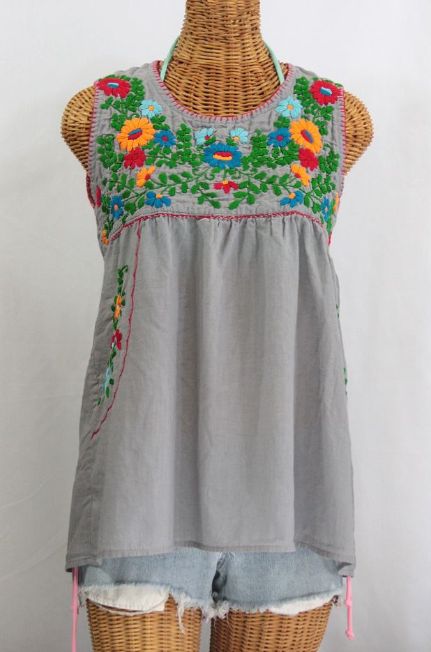 "La Pasea" Embroidered Mexican Style Peasant Top -Grey