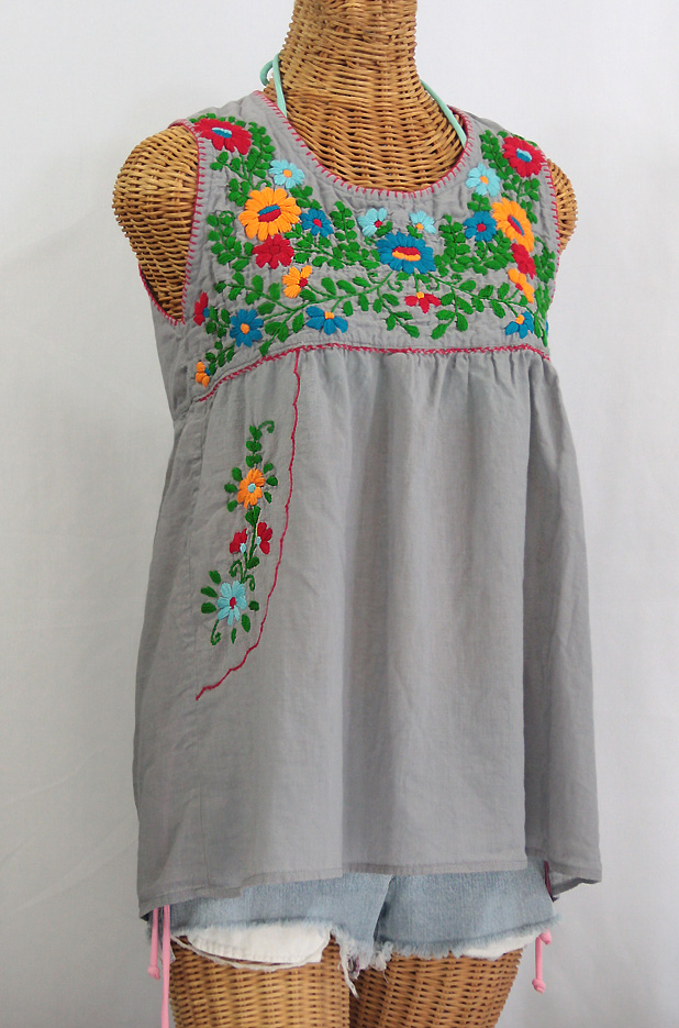 "La Pasea" Embroidered Mexican Style Peasant Top -Grey