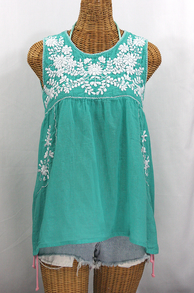 "La Pasea" Embroidered Mexican Style Peasant Top -Mint Green + White