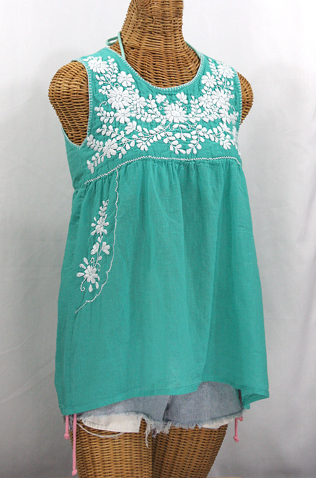 "La Pasea" Embroidered Mexican Style Peasant Top -Mint Green + White