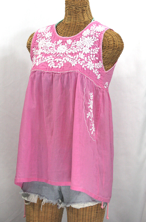 "La Pasea" Embroidered Mexican Style Peasant Top -Bubblegum Pink + White