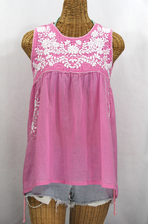 "La Pasea" Embroidered Mexican Style Peasant Top -Bubblegum Pink + White