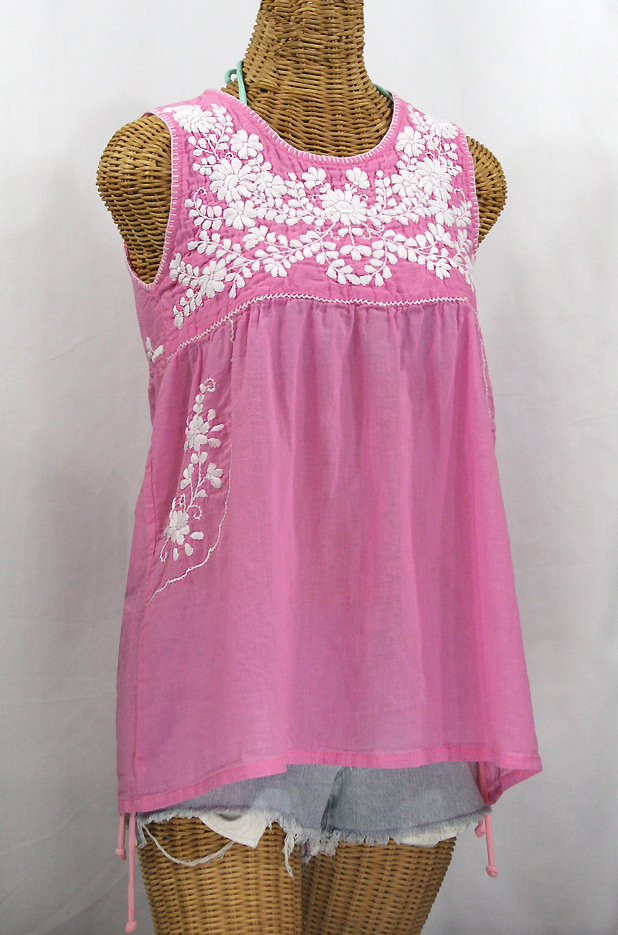 "La Pasea" Embroidered Mexican Style Peasant Top -Bubblegum Pink + White