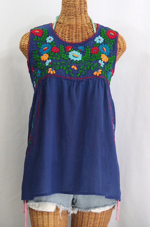 "La Pasea" Embroidered Mexican Style Peasant Top -Royal Blue