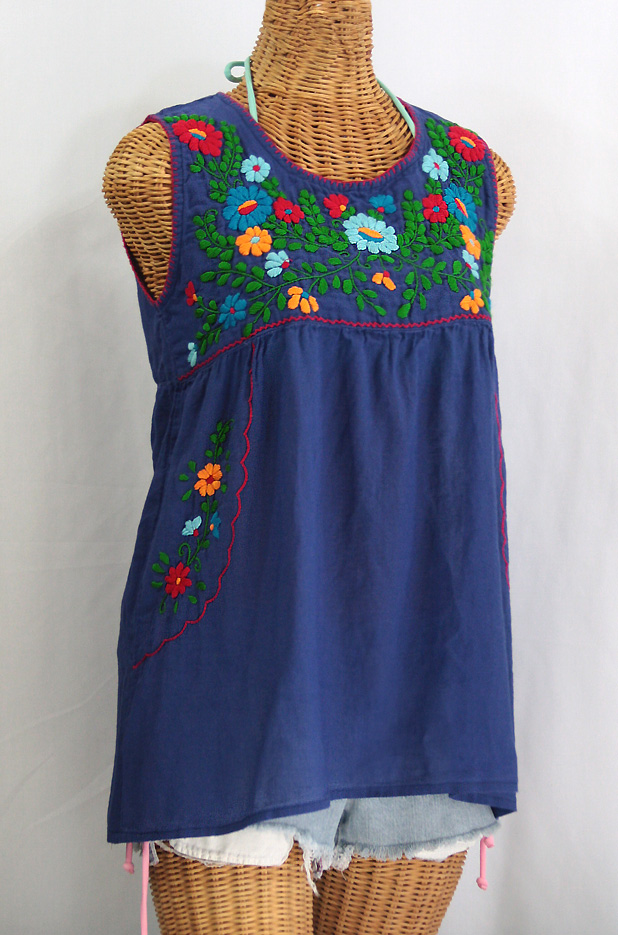 "La Pasea" Embroidered Mexican Style Peasant Top -Royal Blue