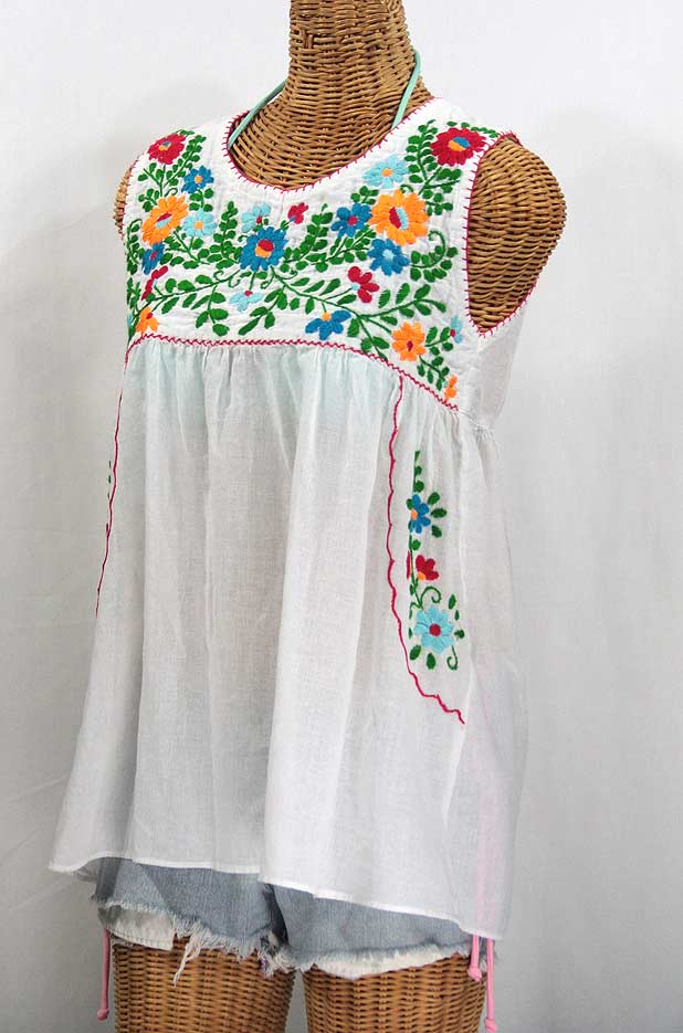 "La Pasea" Embroidered Mexican Style Peasant Top -White + Fiesta