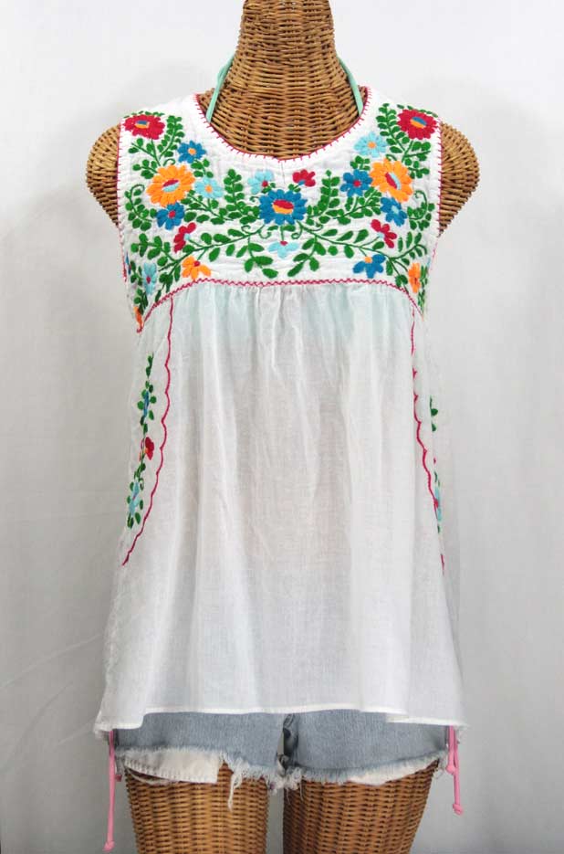 "La Pasea" Embroidered Mexican Style Peasant Top -White + Fiesta