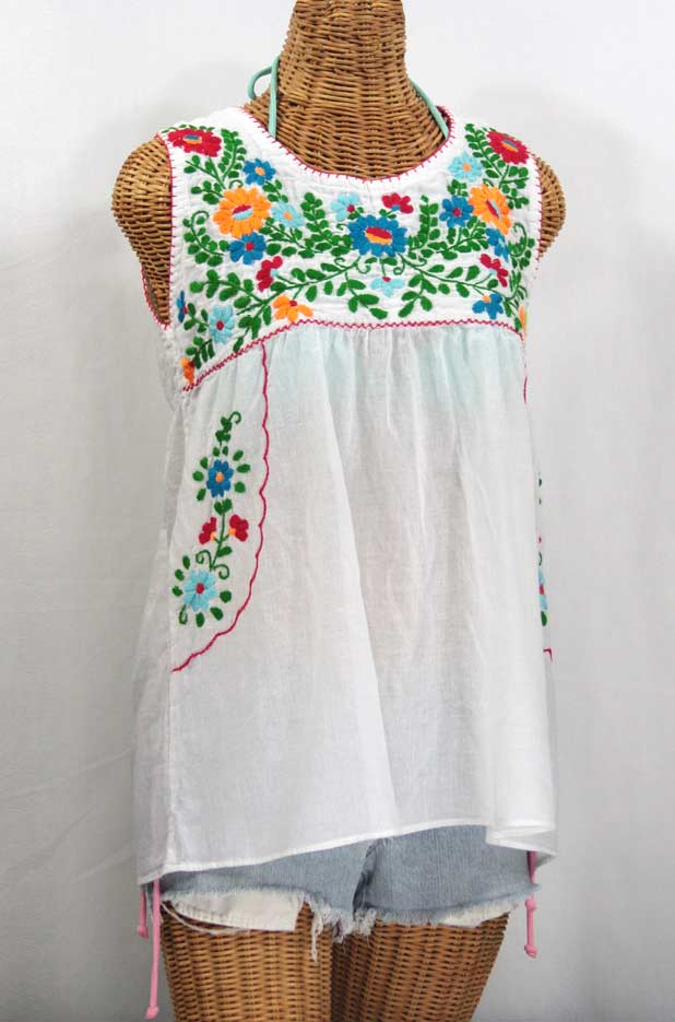 "La Pasea" Embroidered Mexican Style Peasant Top -White + Fiesta